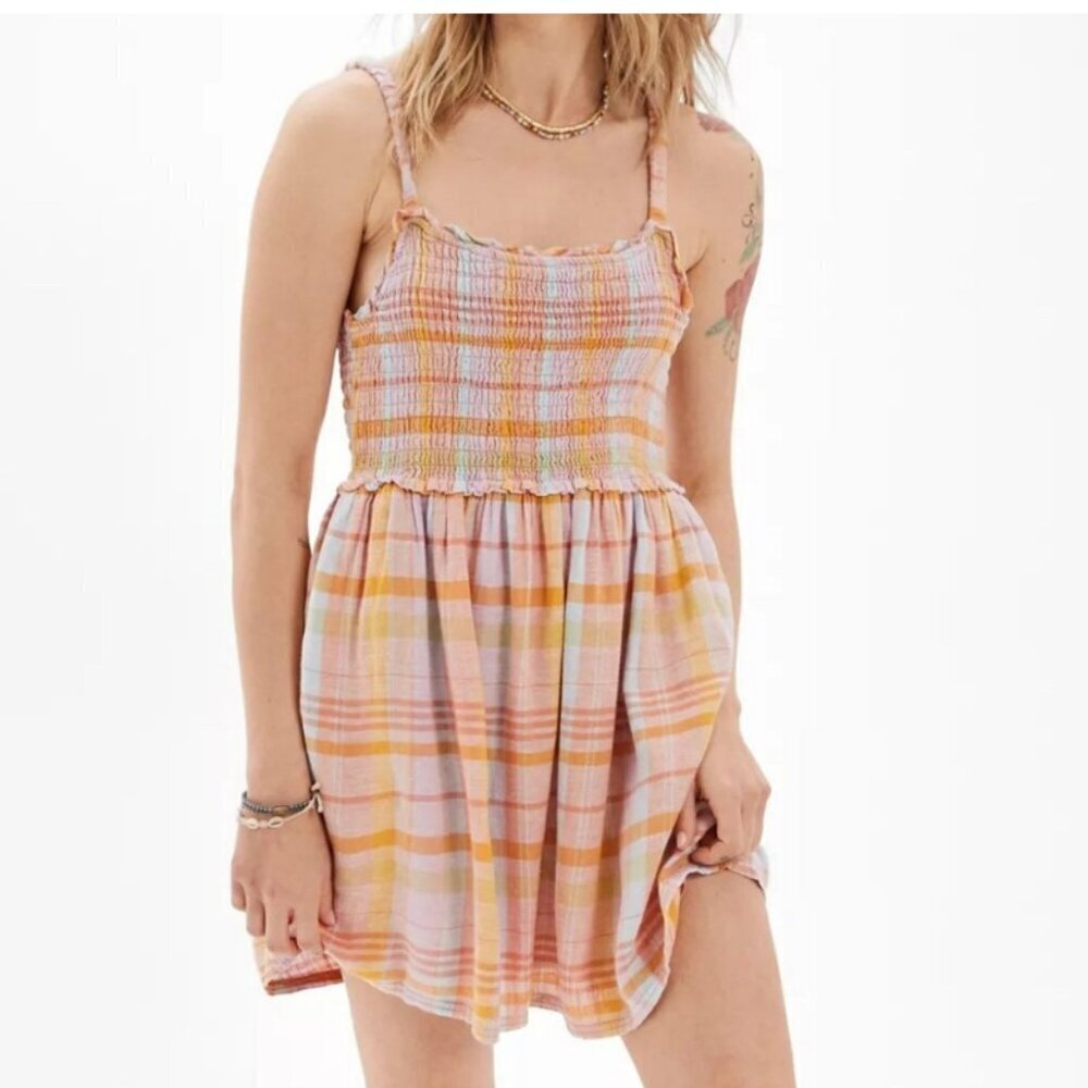 American Eagle Size L Dream Smocked Tank Dress Colorful Plaid Linen Mini Cottage - Picture 1 of 9